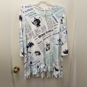 White and Blue Newspaper Print top